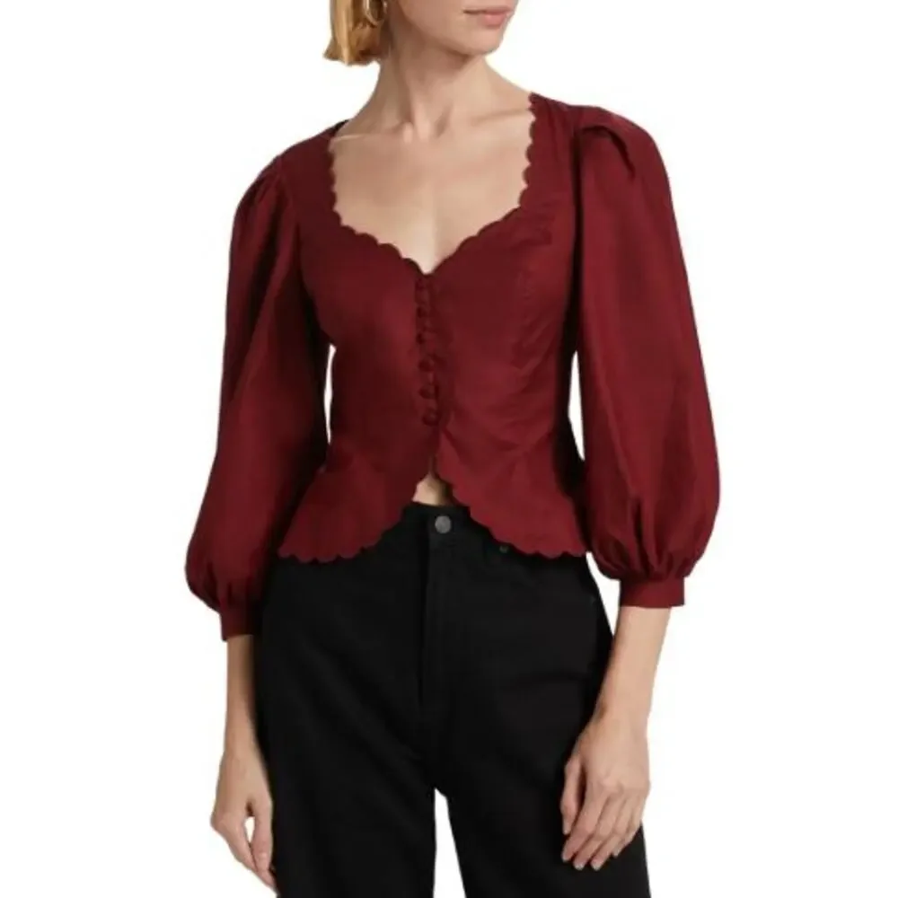 NEW Reformation Elianna Button-Up Blouse Top Cotton Burgundy Red Size 10